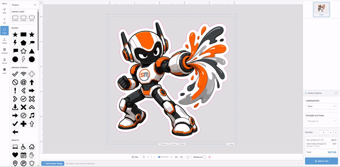 The SignMasterX design tool, showing a die-cut sticker on the canvas with shape and text tools on the left and live pricing on the right.