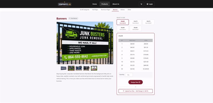 A banner product page on SignPirates.com, showing size options, a quantity price table, and buttons to design it online or upload artwork.