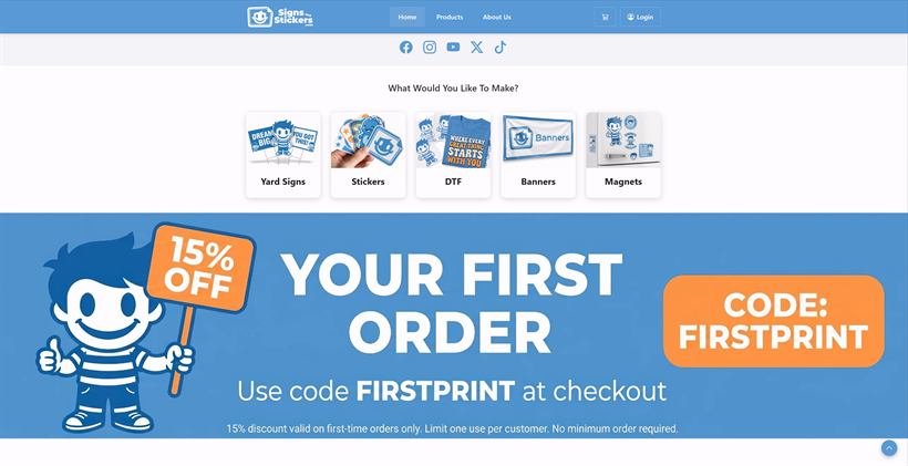 The SignsAndStickers.com homepage, with its own logo and product tiles for yard signs, stickers, DTF, banners and magnets.